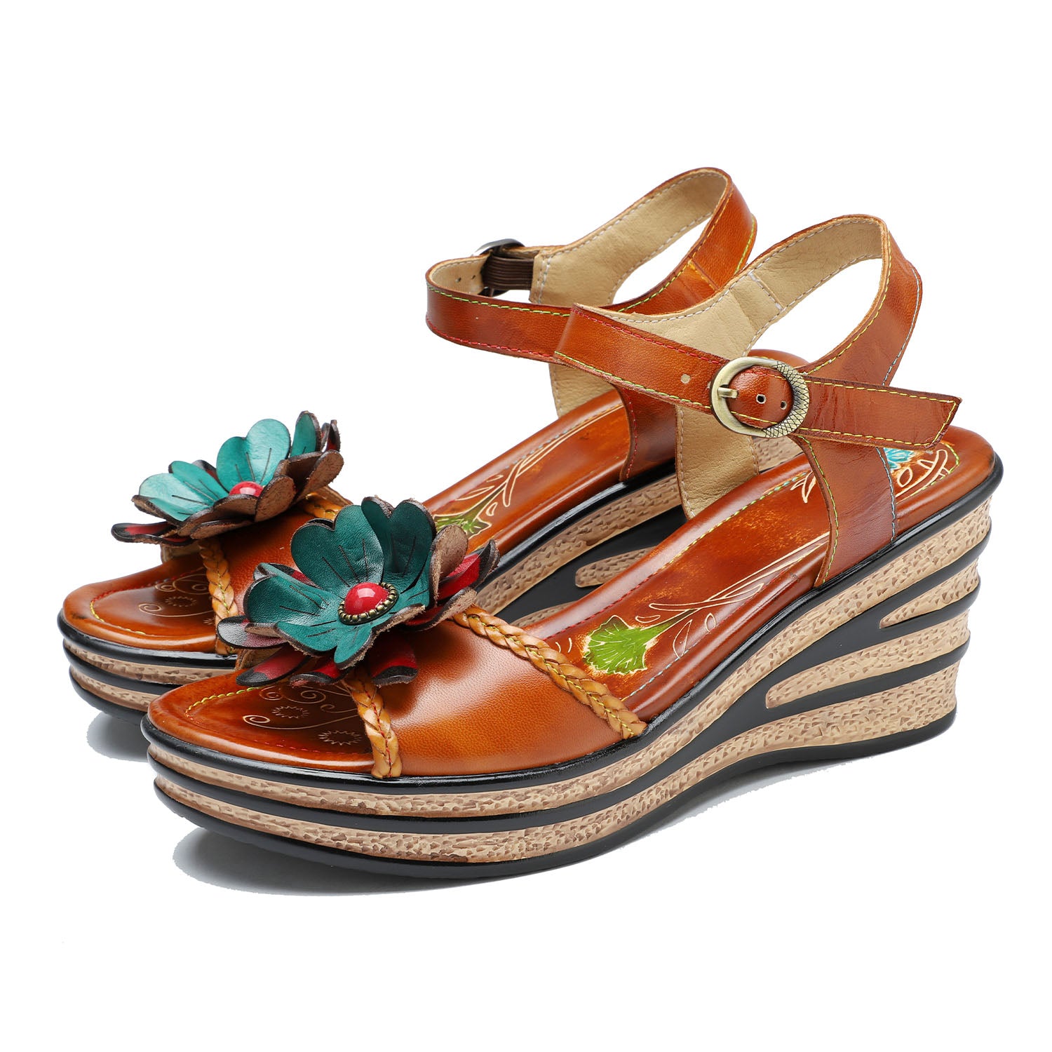 Printed Leather Handmade Floral Sandals