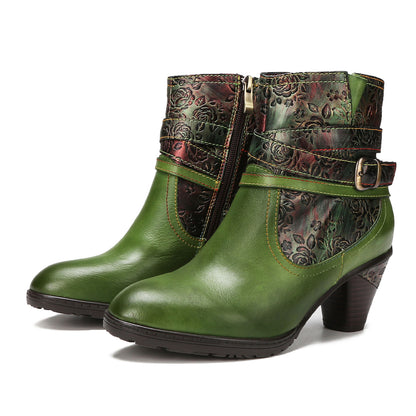 Botas de tornozelo em relevo floral feitas à mão