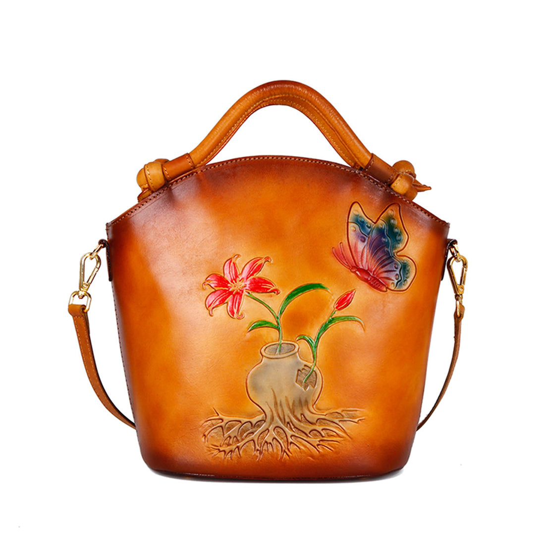 Vintage Embossed Floral Leather Fashion Bucket Bag