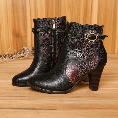 Botas de costura floral em relevo feitas à mão retro