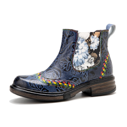 Botas de tornozelo de salto robusto com flores clássicas