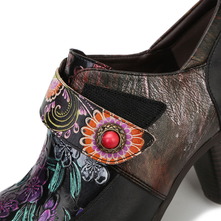 Retro Flowers Stitching Leather Pumps