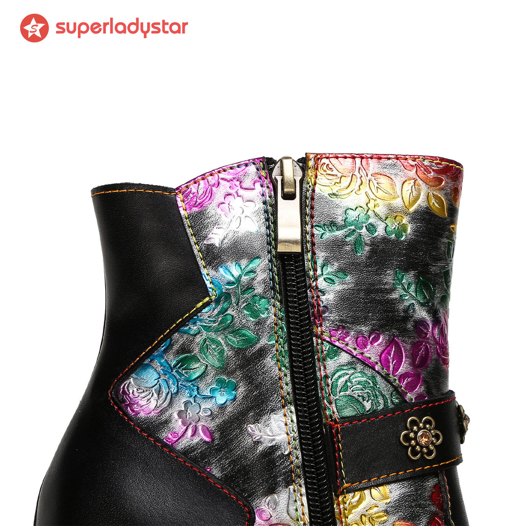 Genuine Leather Comfy Floral Ankle Boots