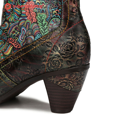 Vintage Printed Leather Round Toe Buckle Ankle Boots