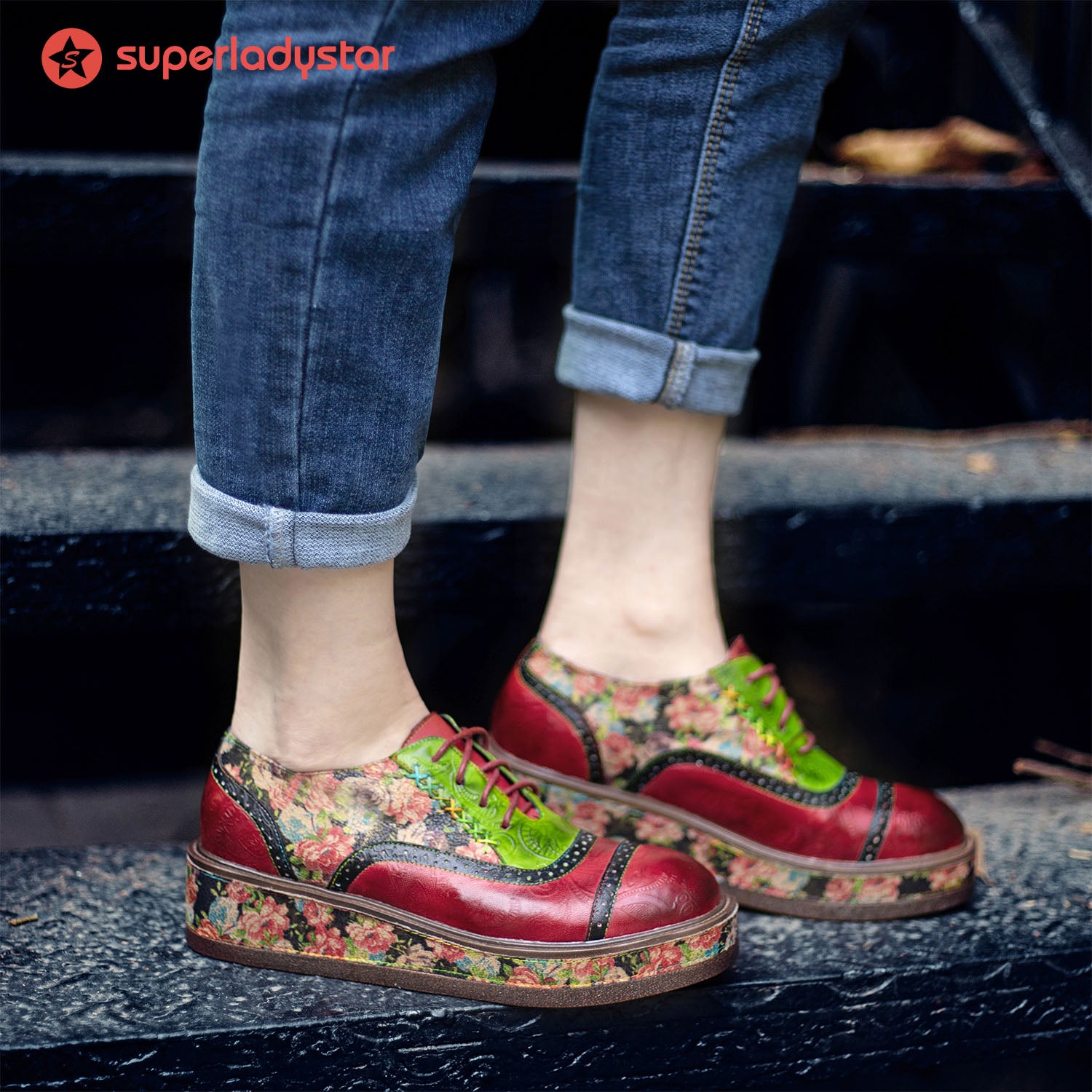 Vintage confortable Cousue décontractée chaussures oxfords florales