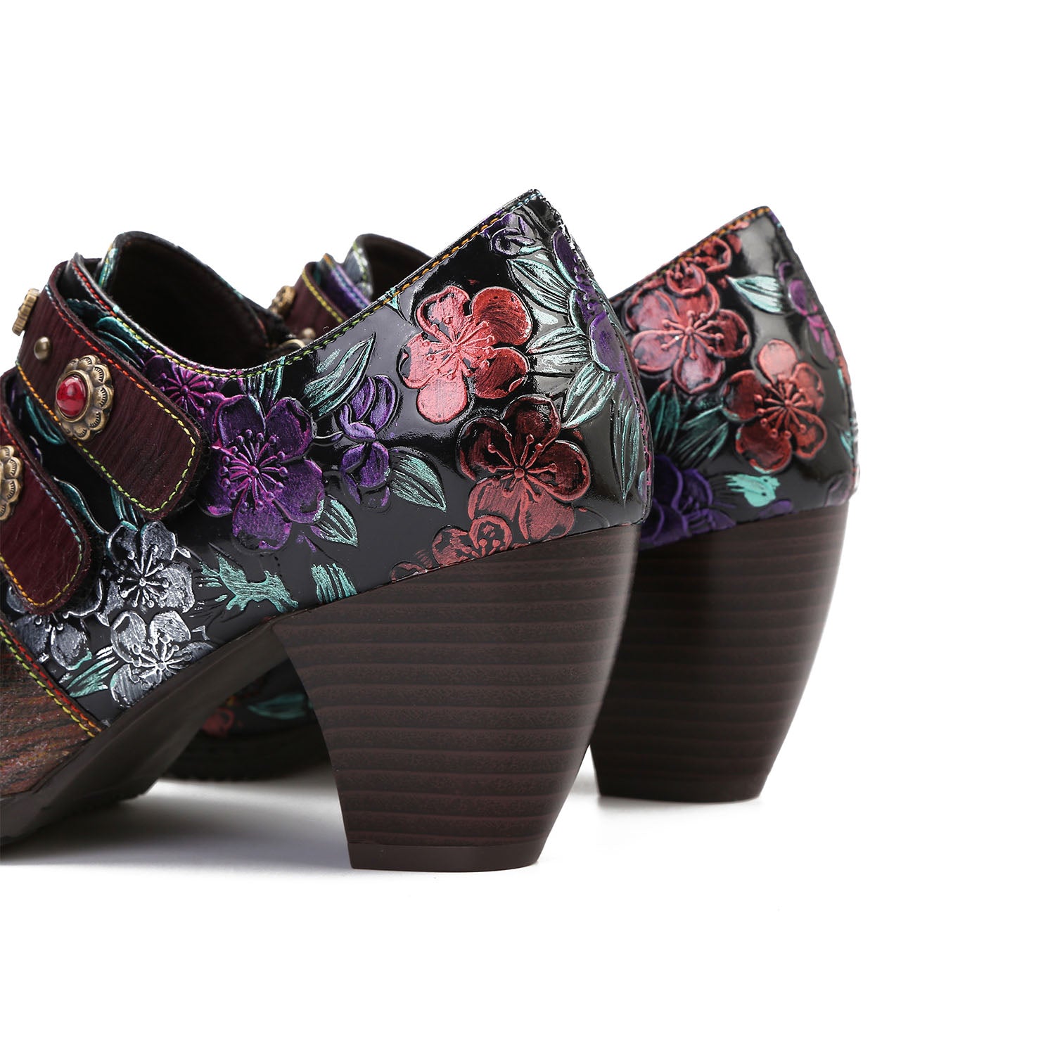 Retro Floral Embossed Square Toe Pumps