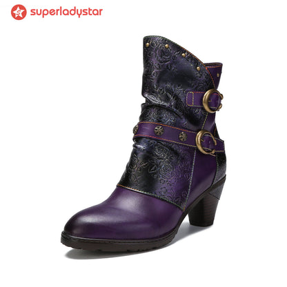 Retro Painted Genuine Leather Clasp Ankle Boots