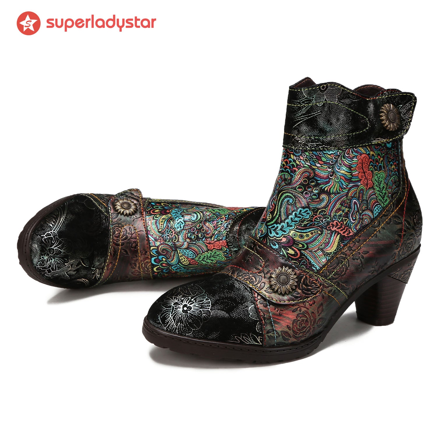 Vintage Printed Leather Round Toe Buckle Ankle Boots