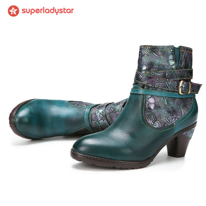 Handmade Floral Embossed Ankle Boots