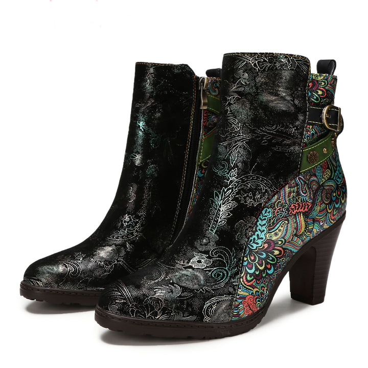 Genuine Leather Comfy Floral Stitching Ankle Boots