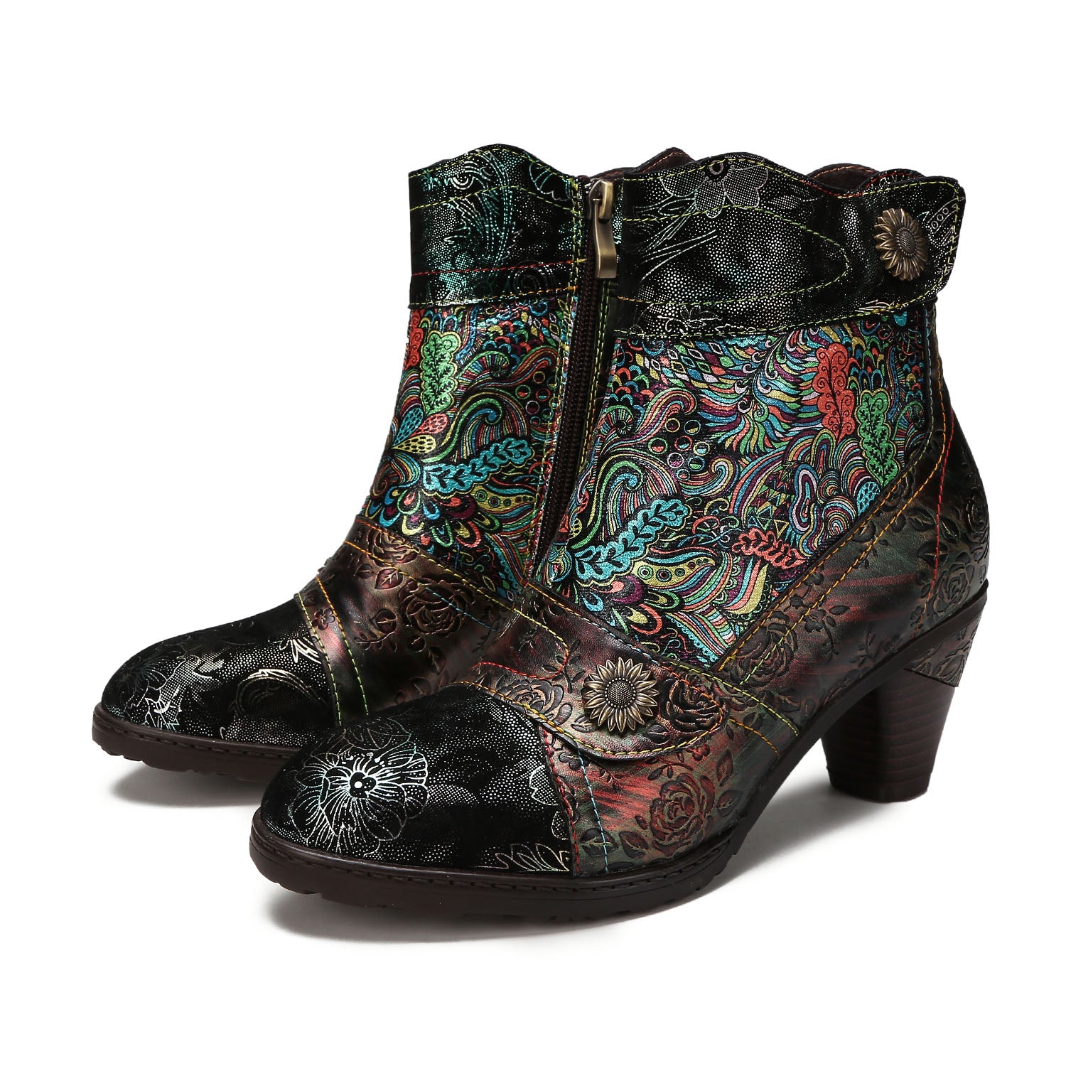 Vintage Printed Leather Round Toe Buckle Ankle Boots