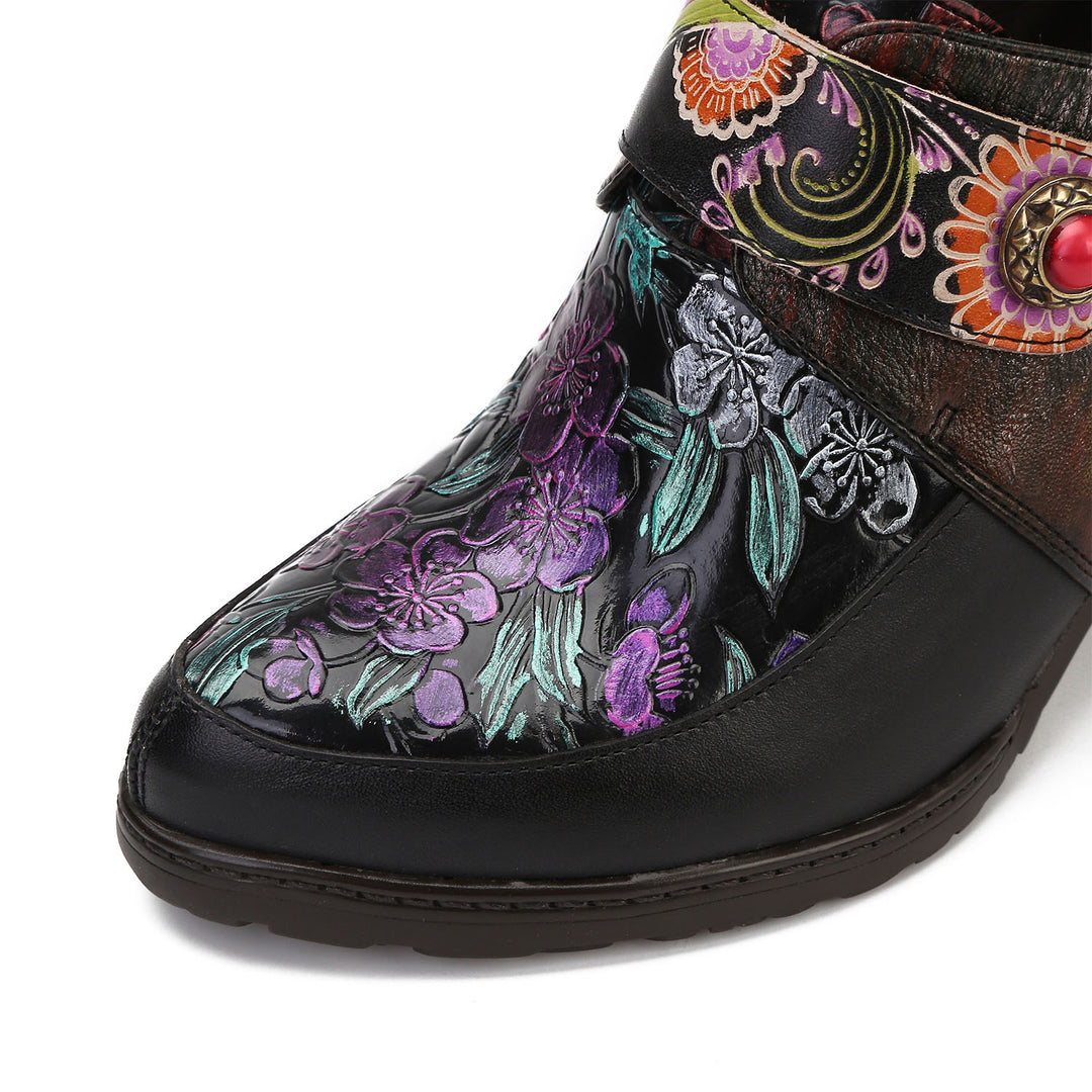 Retro Flowers Stitching Leather Pumps