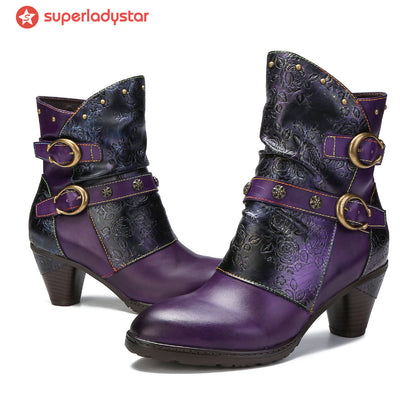 Retro Painted Genuine Leather Clasp Ankle Boots