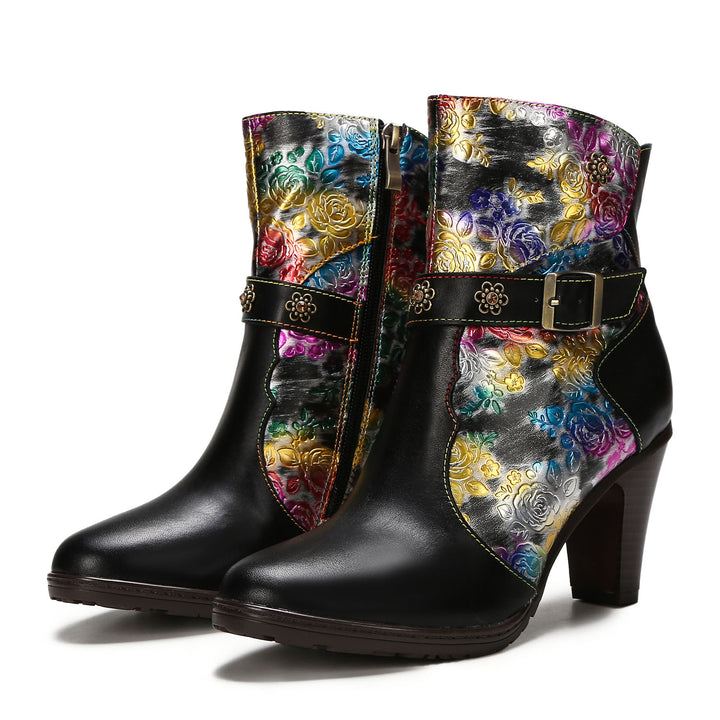 Genuine Leather Comfy Floral Ankle Boots