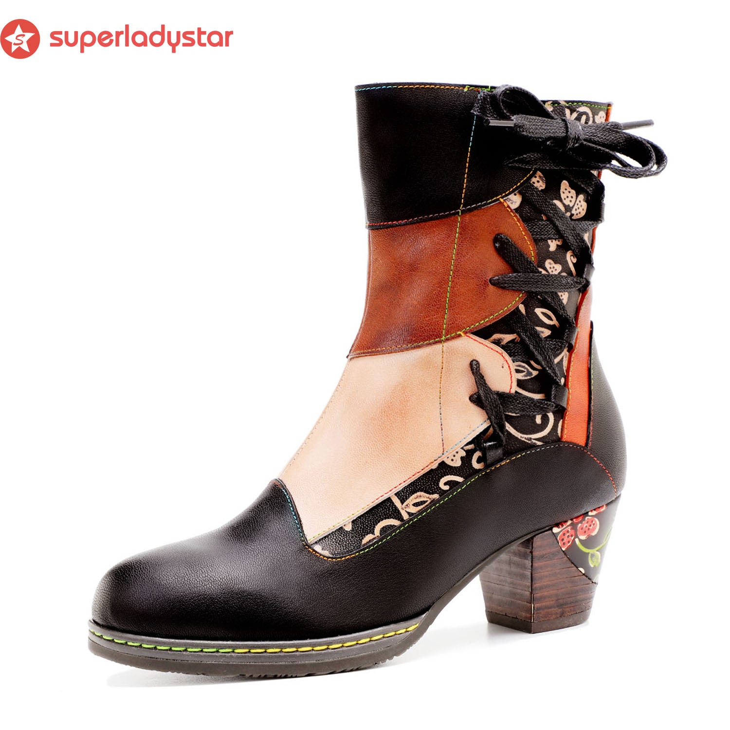 Leather Hand Embossed Adjustable Ankle Boots