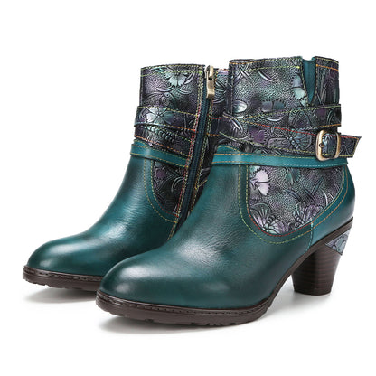 Handmade Floral Embossed Ankle Boots