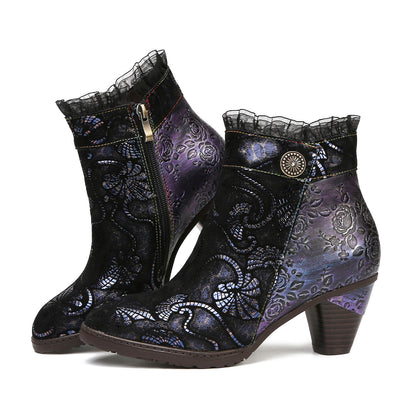 Retro Handmade Lace Floral Stitching Boots