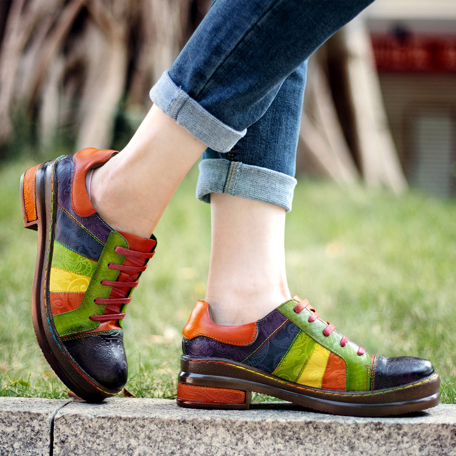 Retro Hand-polished Rainbow Flat Shoes