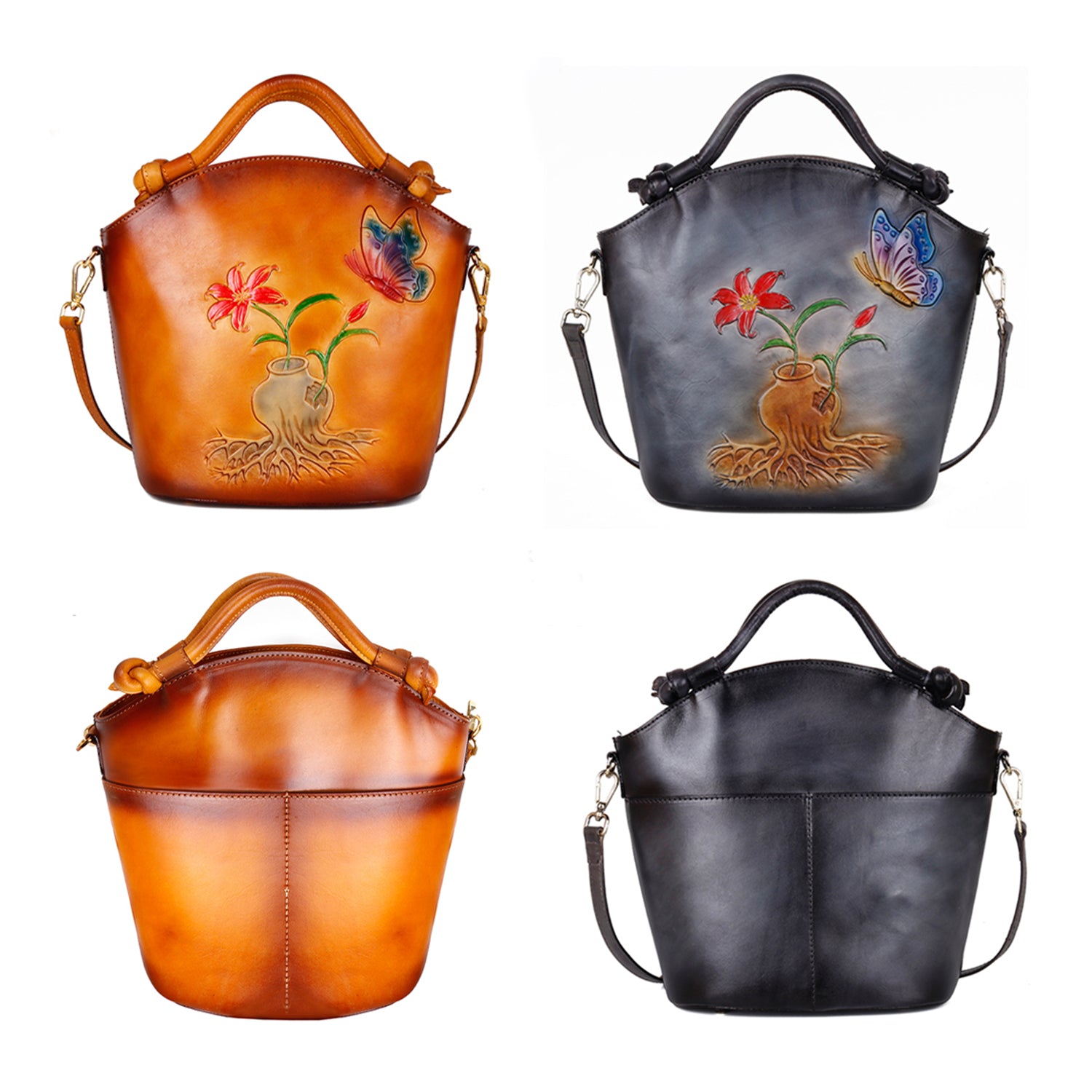 Sac de godet de mode en cuir floral en relief vintage