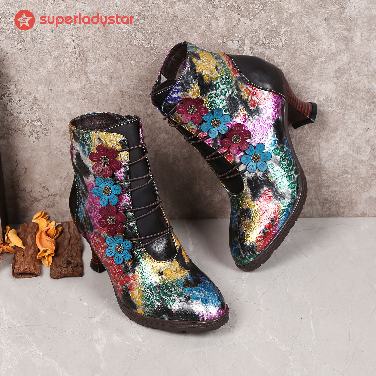 Colorful Vintage Printed Leather Ankle Boots
