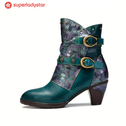 Retro Painted Genuine Leather Clasp Ankle Boots