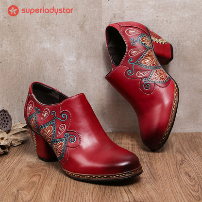 Retro Pattern Leather Zipper Pumps