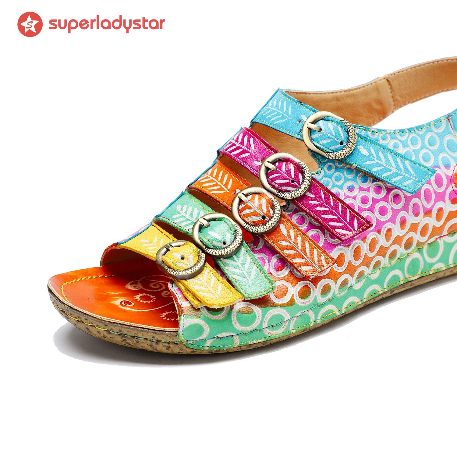 Colorful Floral Embossed Leather Sandals