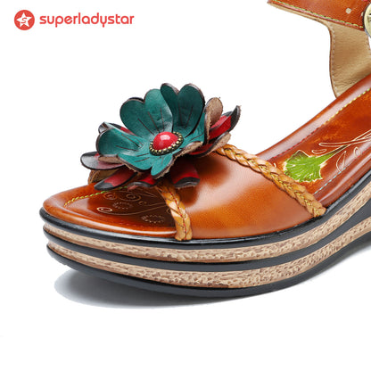 Sandalias florales hechas a mano de cuero impreso