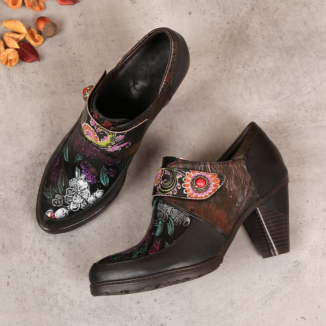 Retro Flowers Stitching Leather Pumps