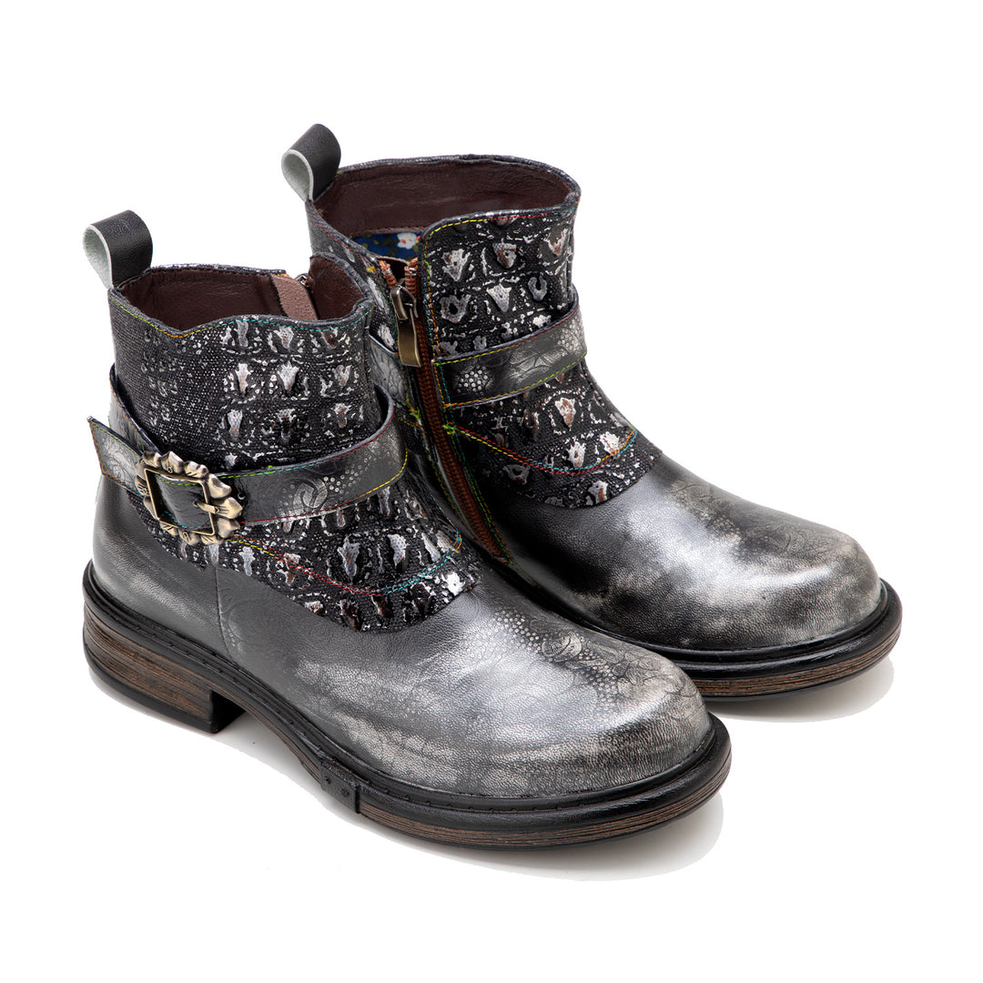 Retro Patchwork Metallic Low Heel Ankle Boots