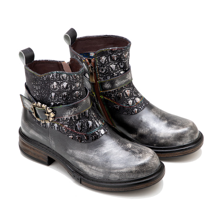 Retro Patchwork Metallic Low Heel Ankle Boots