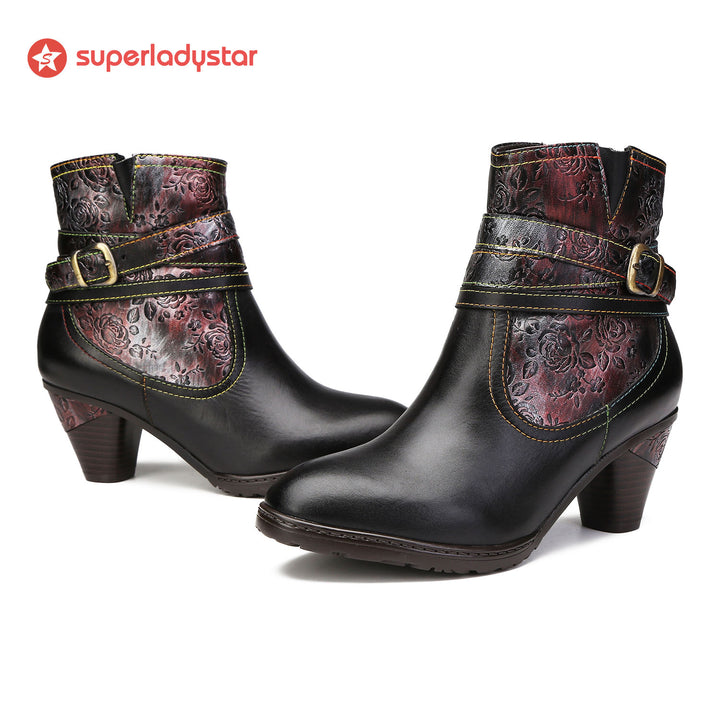 Handmade Floral Embossed Ankle Boots