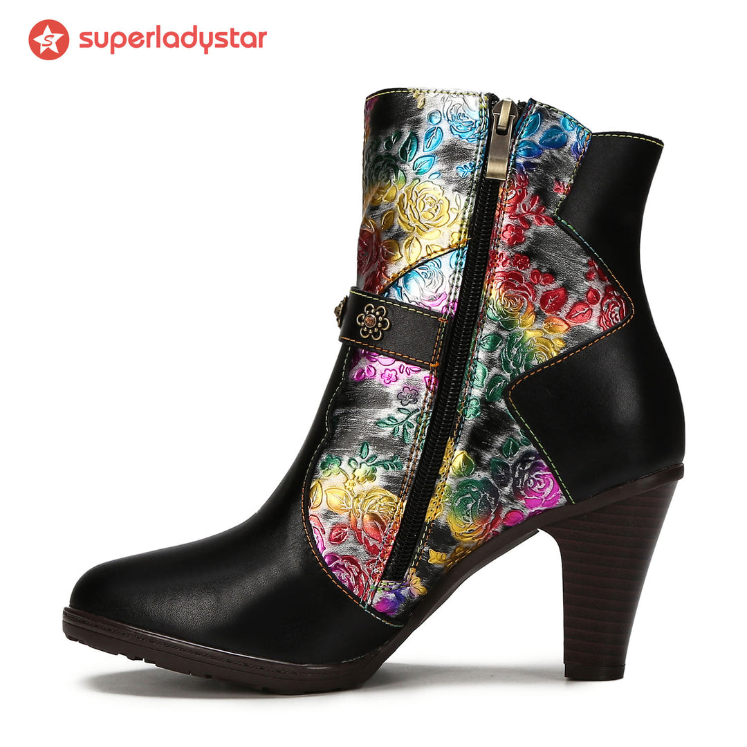 Genuine Leather Comfy Floral Ankle Boots