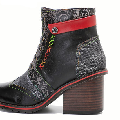 Retro Patchwork Farbkontrastkomfort Block Heel Booties