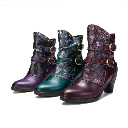 Retro Painted Genuine Leather Clasp Ankle Boots