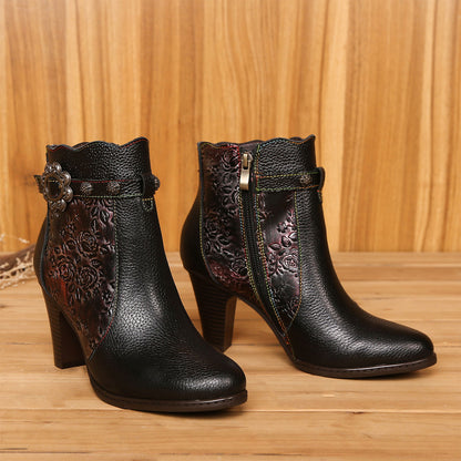 Botas de costura floral em relevo feitas à mão retro