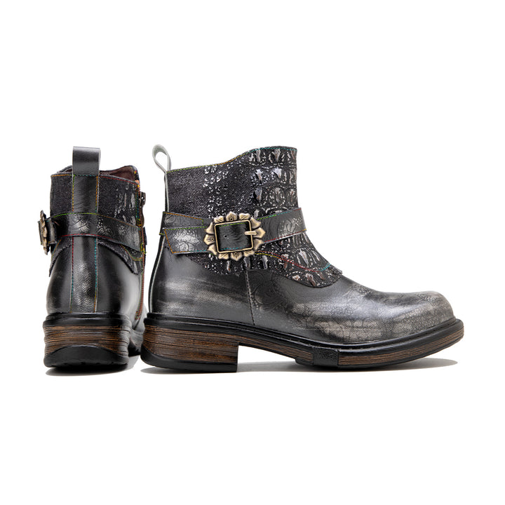 Retro Patchwork Metallic Low Heel Ankle Boots