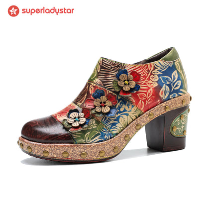 Retro Floral Floral Handmade Rivet Comfort Block Talon Pumps