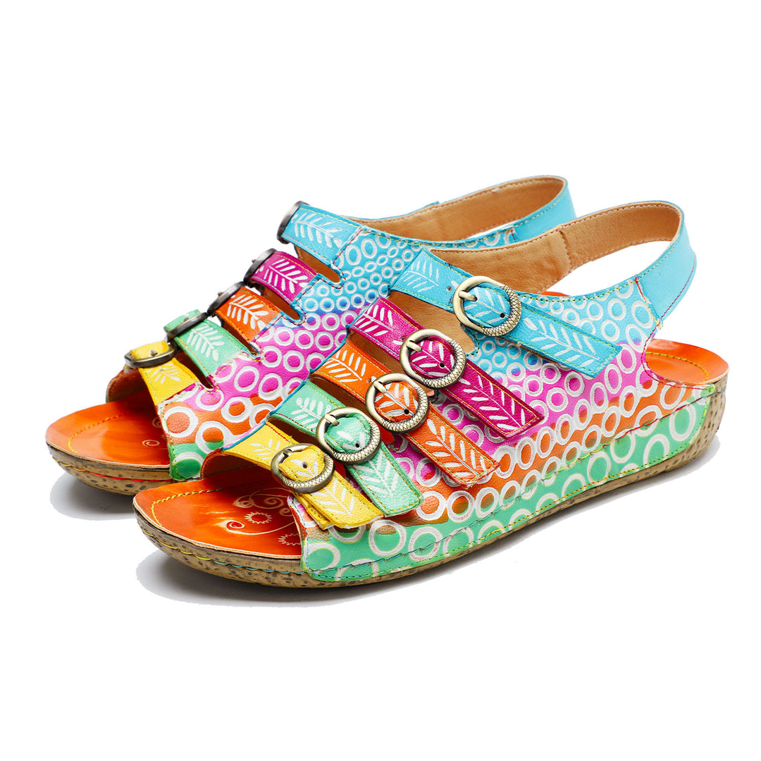 Colorful Floral Embossed Leather Sandals