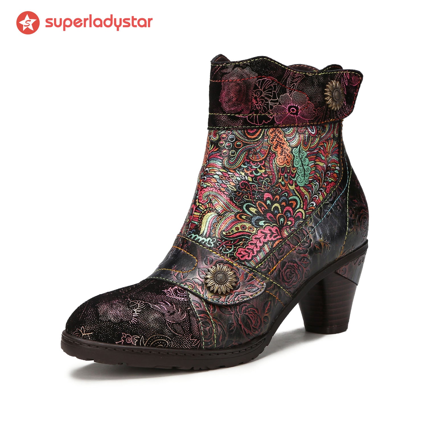 Vintage Printed Leather Round Toe Buckle Ankle Boots