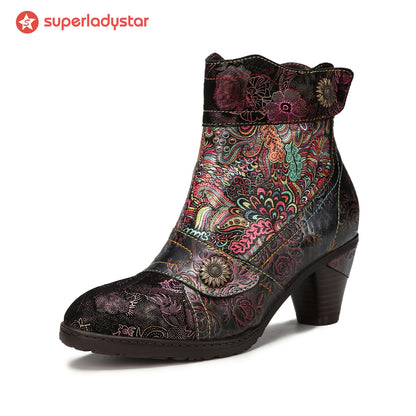 Vintage Printed Leather Round Toe Buckle Ankle Boots