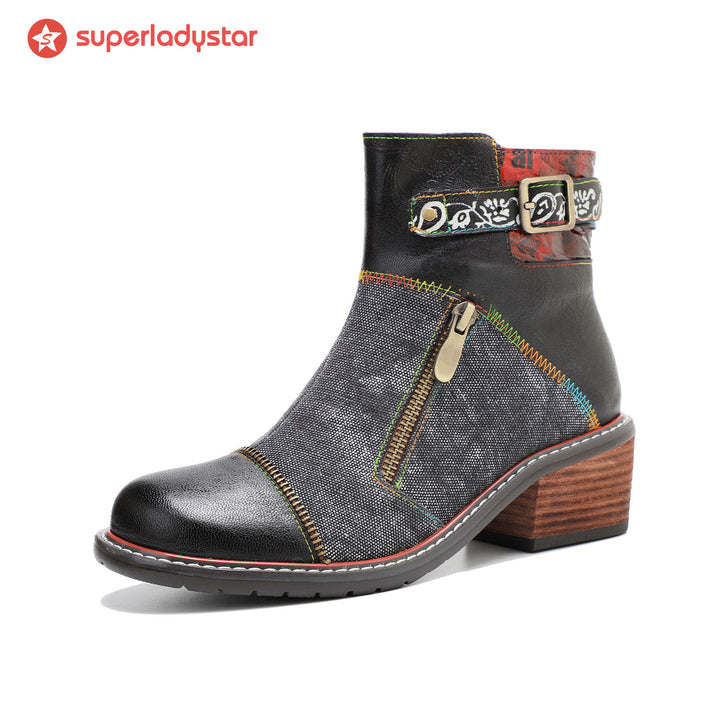 Retro Patchwork Color Contrast Comfort Booties