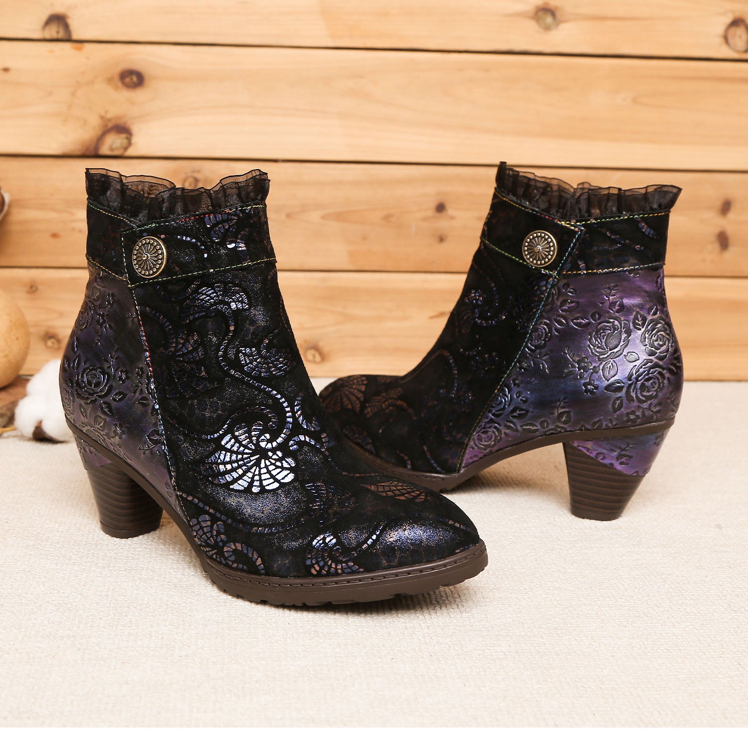 Retro Handmade Lace Floral Stitching Boots