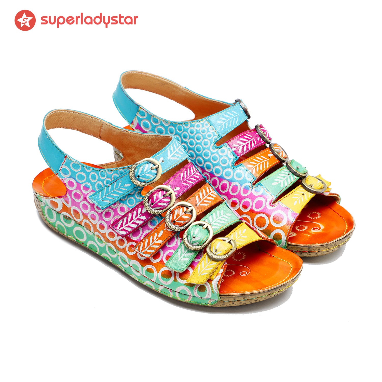 Colorful Floral Embossed Leather Sandals