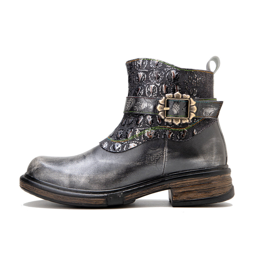 Retro Patchwork Metallic Low Heel Ankle Boots