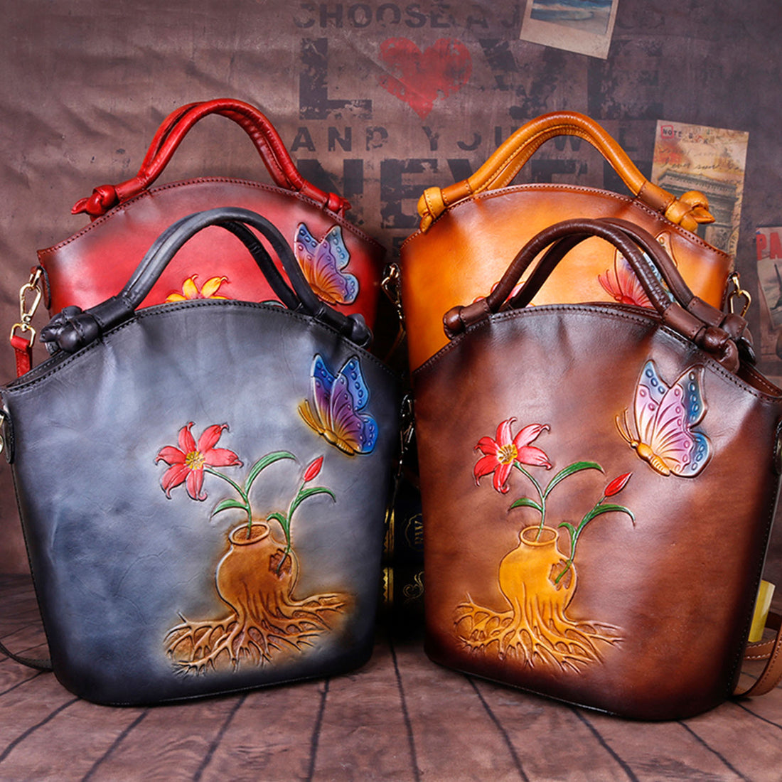 Vintage Embossed Floral Leather Fashion Bucket Bag