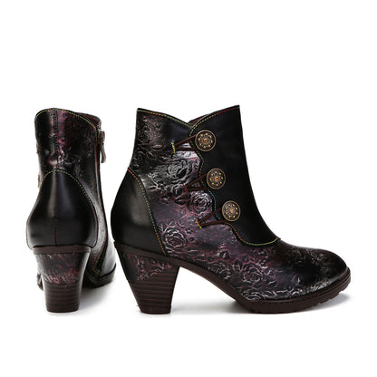 Retro Handmade Floral Stitching Button Boots