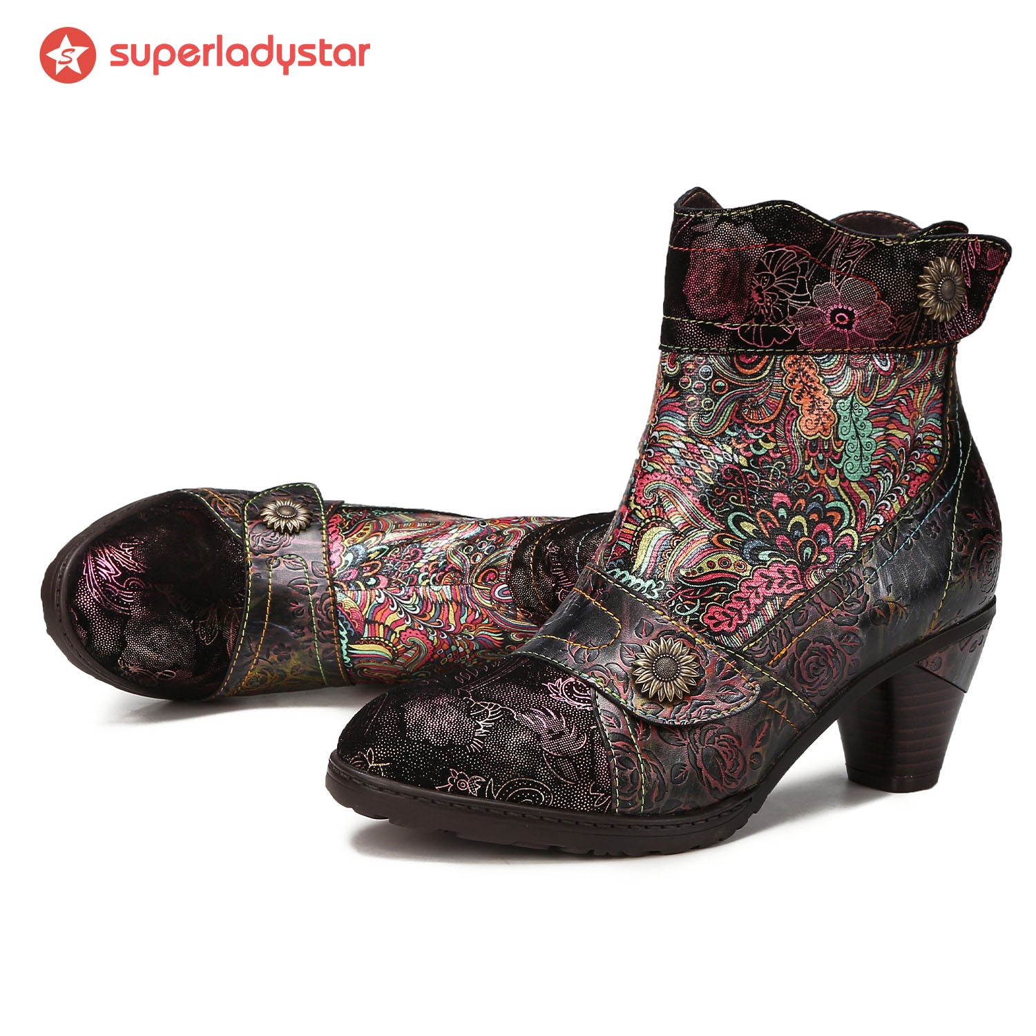 Vintage Printed Leather Round Toe Buckle Ankle Boots