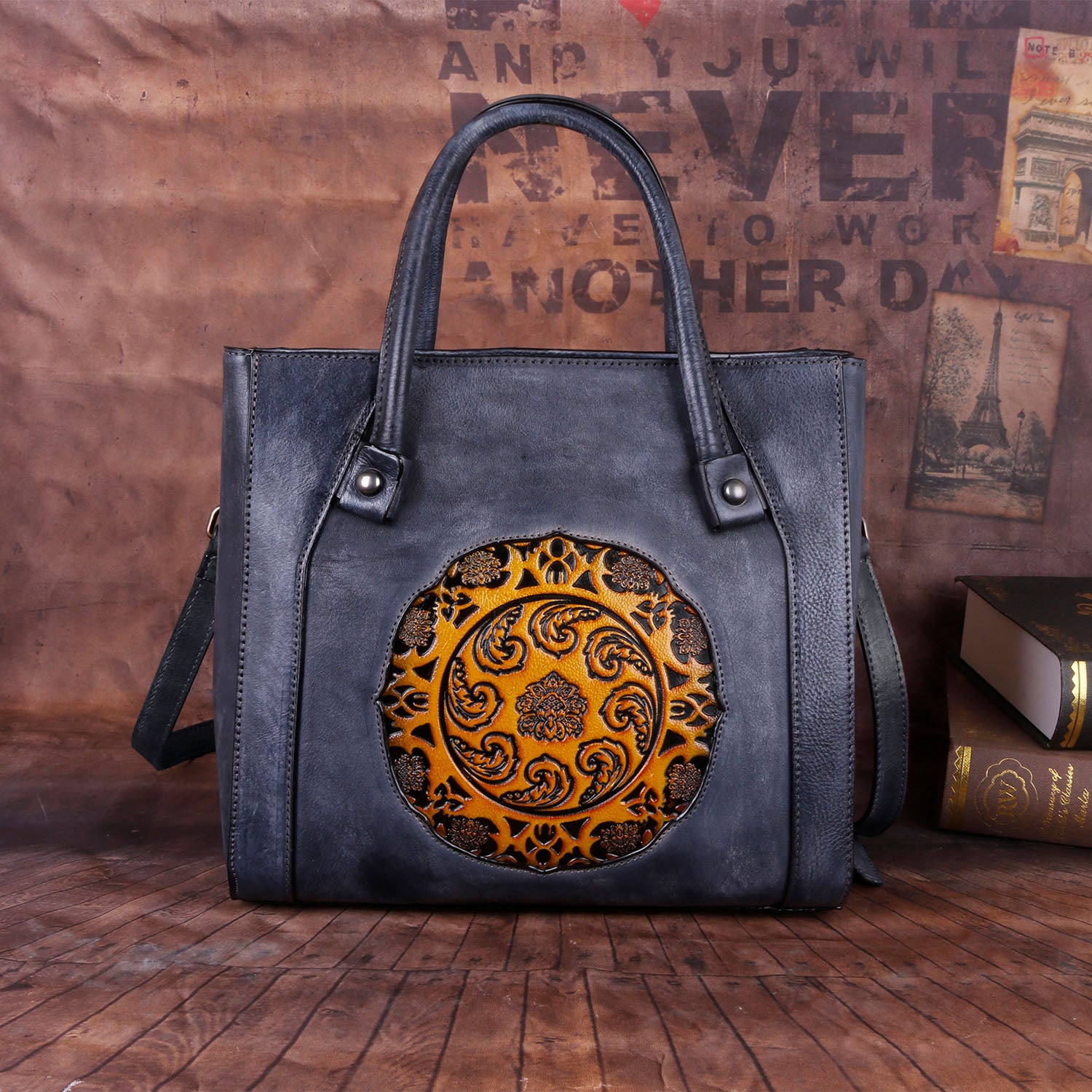 Retro Handmade Embossed Leather Handbag Messenger Bag