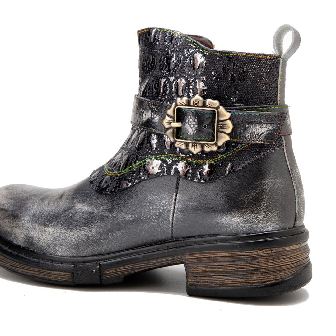 Retro Patchwork Metallic Low Heel Ankle Boots
